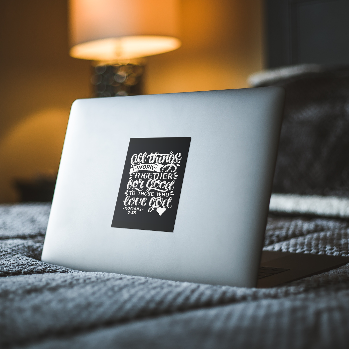 All Things Work Together For Good To Those Who Love God, Romans 8:28 - White on Black Rectangle Sticker on a laptop